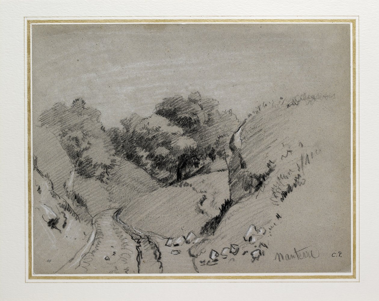 ナンテール、c。 1860（灰色の紙に白いチョークで木炭を高めた） 作： カミーユ・ジェイコブ・ピサロ