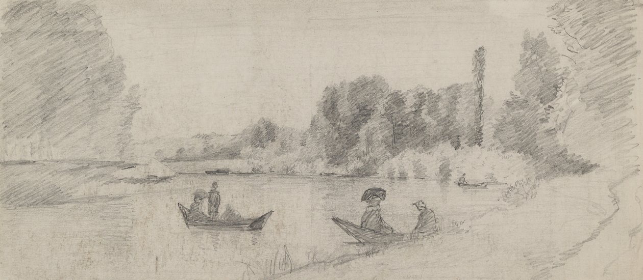 ボートのある川の景観の研究、1863〜1864年（紙に記載された黒鉛） 作： カミーユ・ジェイコブ・ピサロ