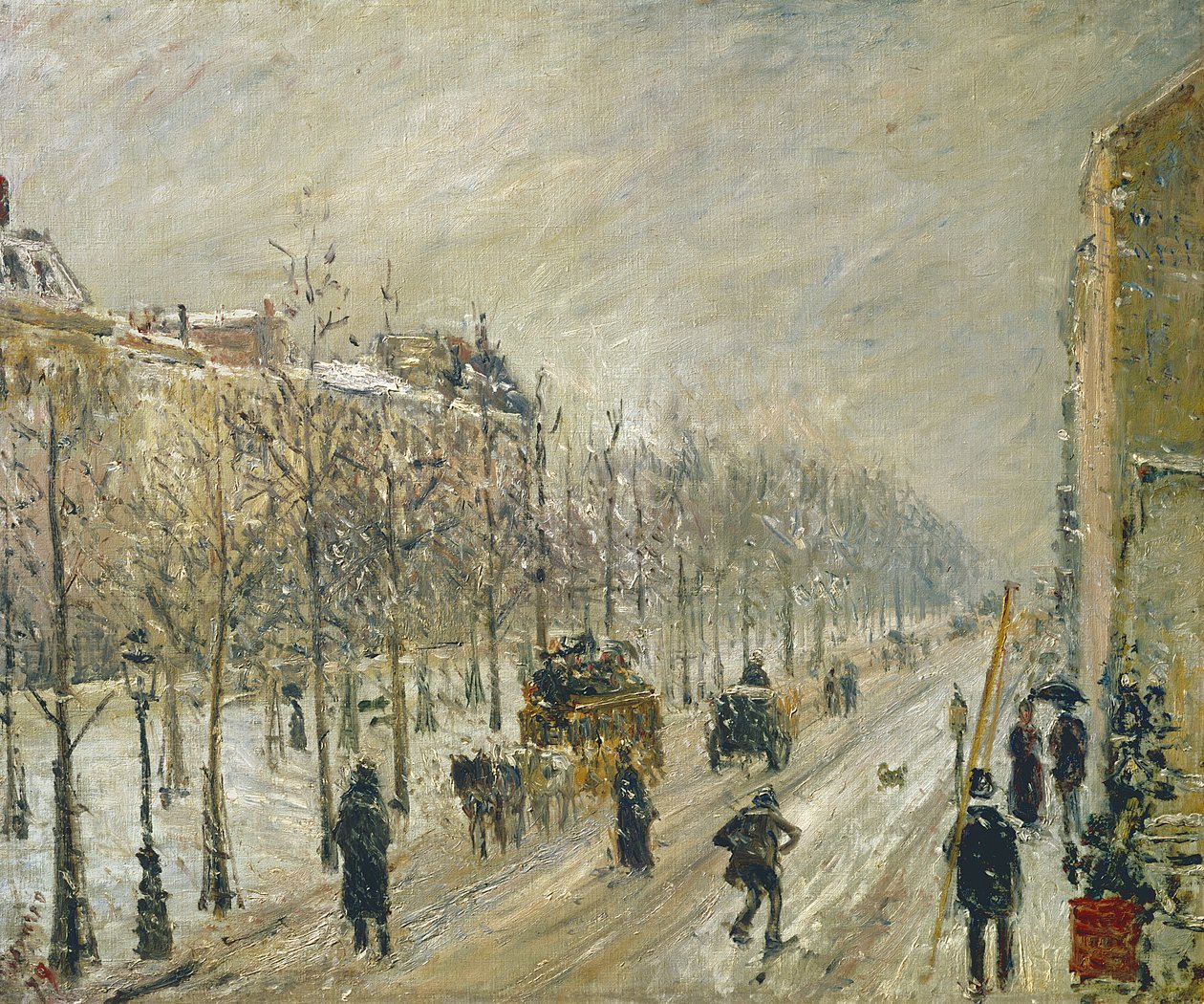 雪の下の大通り、1879 作： カミーユ・ジェイコブ・ピサロ