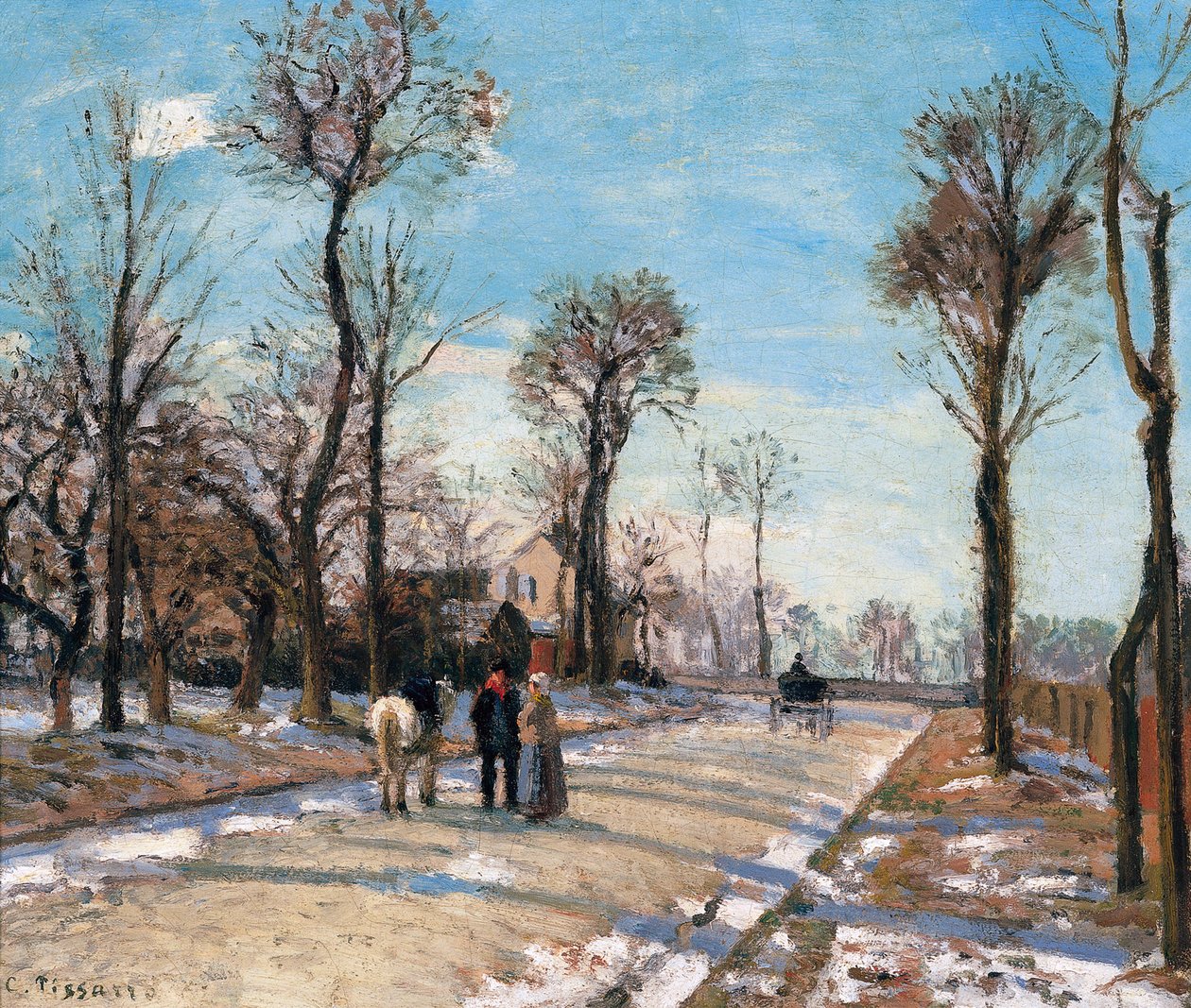 Route de Versailles、Louveciennes、Winter Sun and Snow、c。 1870 作： カミーユ・ジェイコブ・ピサロ