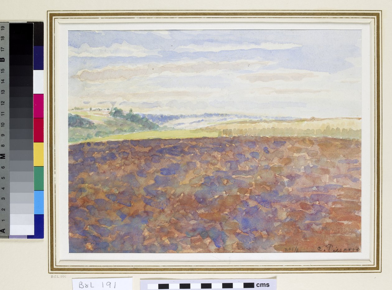 耕作地のある風景の研究、Eragny-sur-Epte、c.1887-89（紙にトイレ） 作： カミーユ・ジェイコブ・ピサロ