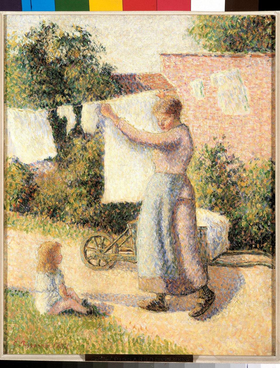 リネンを張る女 カミーユ・ピサロ（1830-1903）の絵画 1887年。薄暗い。0.41 x 0.32 m パリ、オルセー美術館 - リネンを伸ばす女。カミーユ・ピサロ（1830-1903）による絵画 1887年。0.41 x 0, 32 m パリ、オルセー美術館 作： カミーユ・ジェイコブ・ピサロ