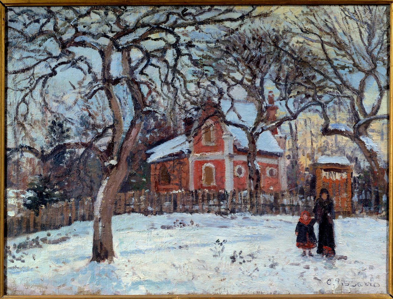 雪の中の栗とルーヴシエンヌの風景。カミーユ・ピサロ（1830-1903）の絵画 1872年 日。0,41x0,52 m パリ、オルセー美術館 作： カミーユ・ジェイコブ・ピサロ