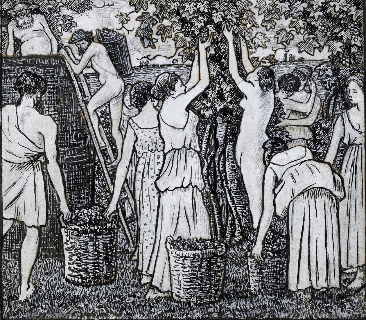 ブドウの収穫、「ダフニスとクロエ」の挿絵のための構図習作、c1895 作： カミーユ・ピサロ