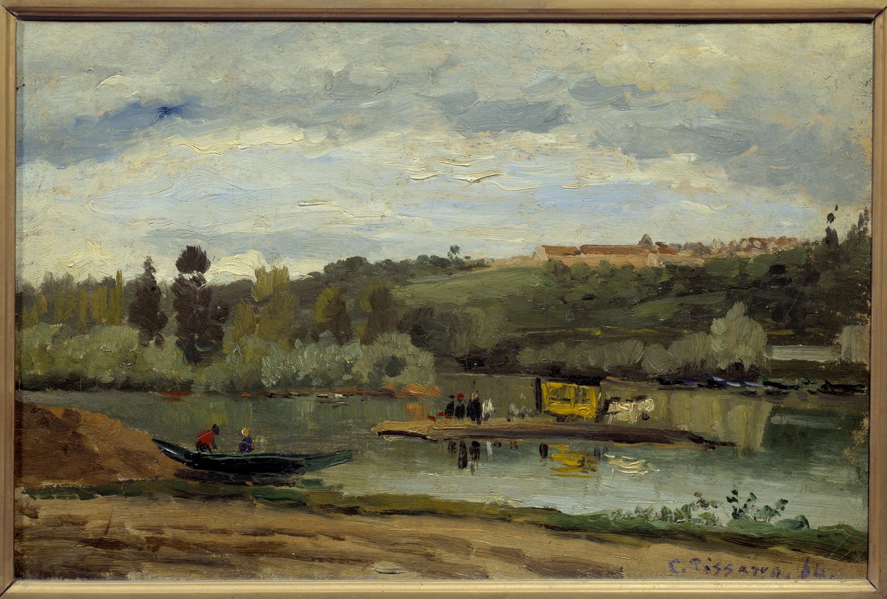 Le bac à la Varenne Saint Hilaire (Saint-Hilaire) カミーユ・ピサロ（1830-1903）の絵画 1864年 薄暗い 0,27x0,41 m パリ、オルセー美術館 作： カミーユ・ジェイコブ・ピサロ