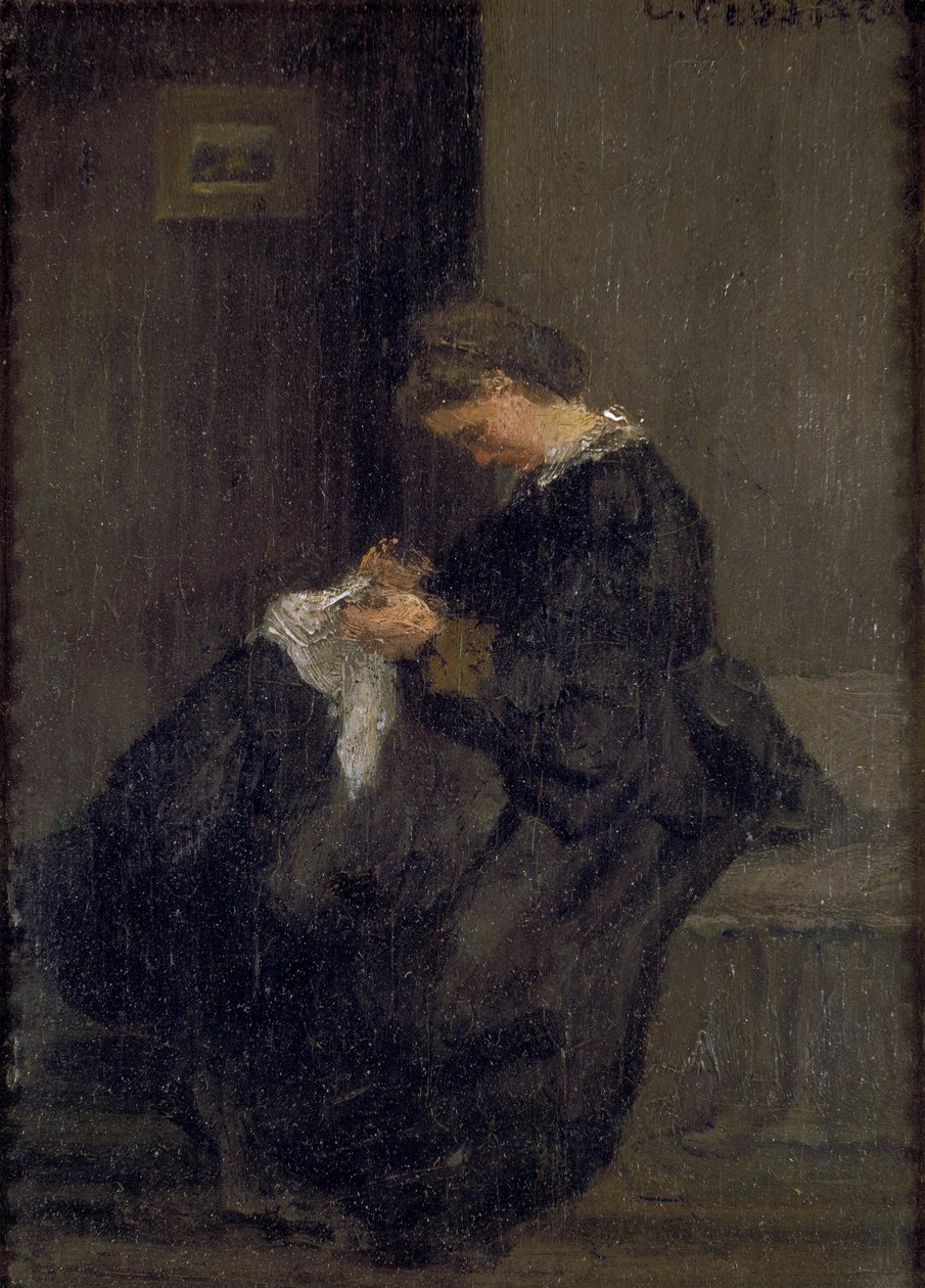 ピサロ夫人の裁縫、c1860 作： カミーユ・ピサロ