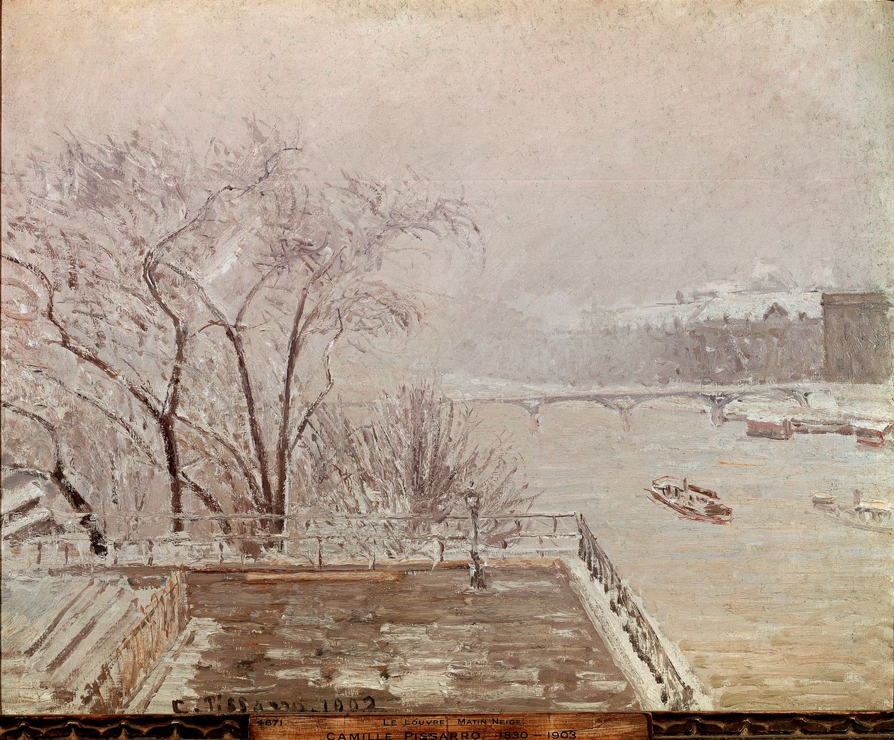 ルーヴル美術館の朝、雪の効果。カミーユ・ピサロ（1830-1903）の絵画 1902年キャンバスに油彩。薄さ：65x81cm。ロンドン、ナショナル・ギャラリー 作： カミーユ・ジェイコブ・ピサロ