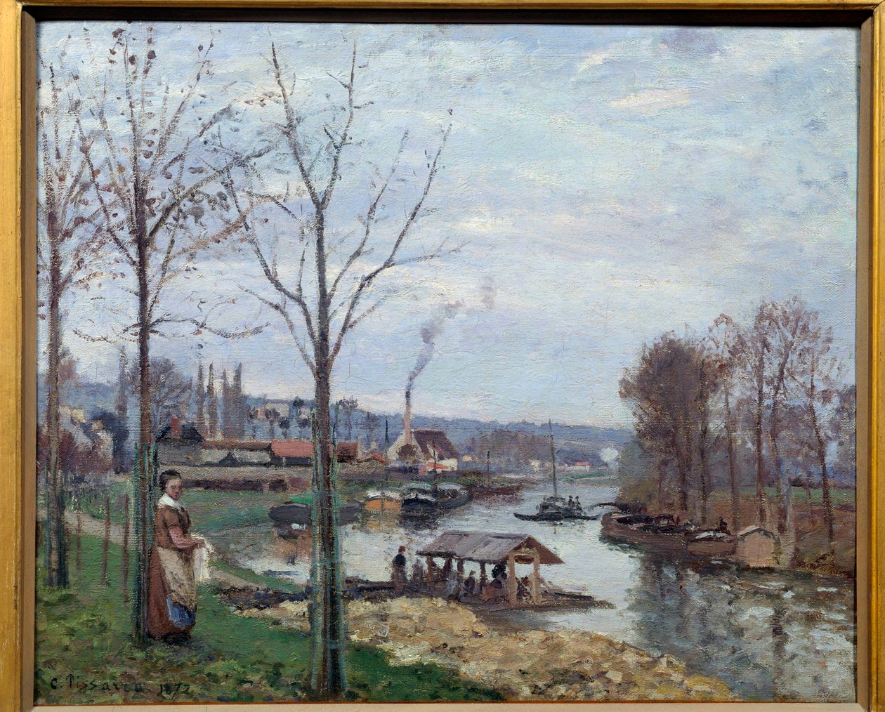 Port Marly (Port-Marly), the washing-house セーヌ川の洗濯小屋の風景。カミーユ・ピサロ(1830-1903)による絵画 1872 Sun.0,46x0,56 m Paris, musee d