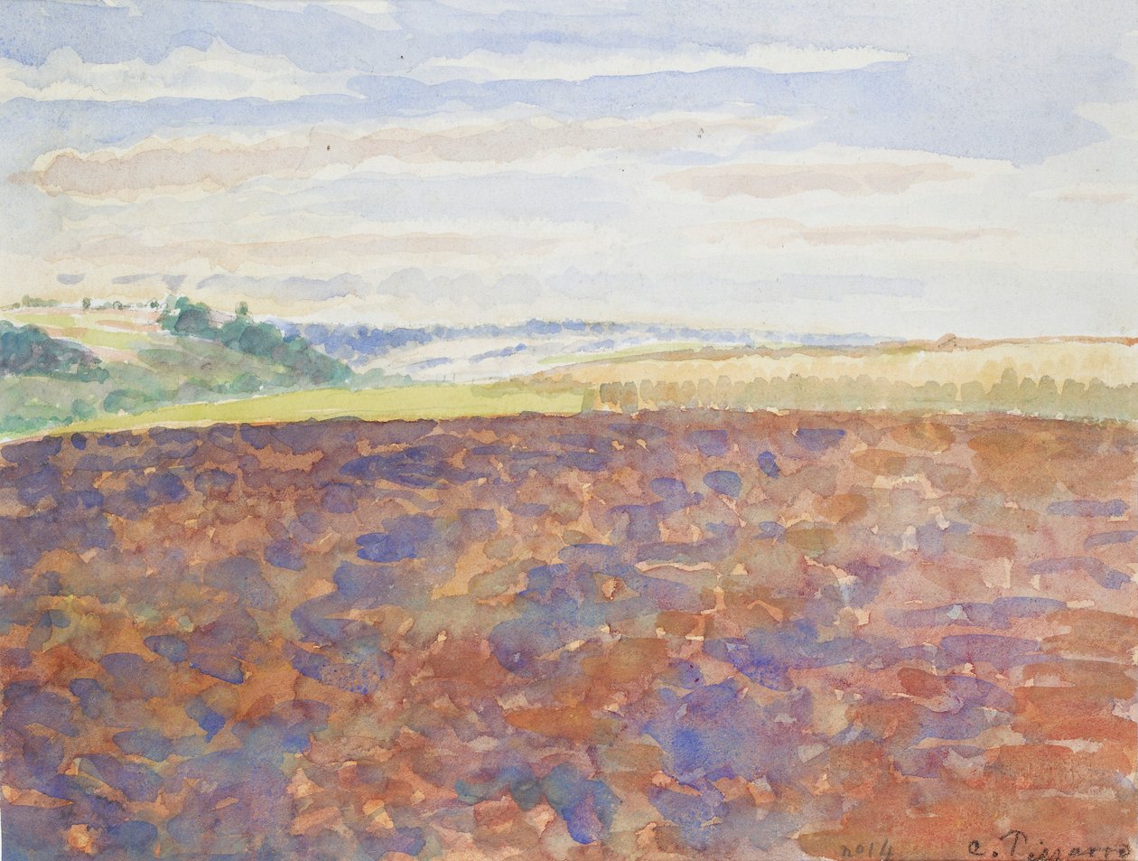 耕された畑のある風景の研究、Eragny-sur-Epte、c1886-1890 作： カミーユ・ピサロ