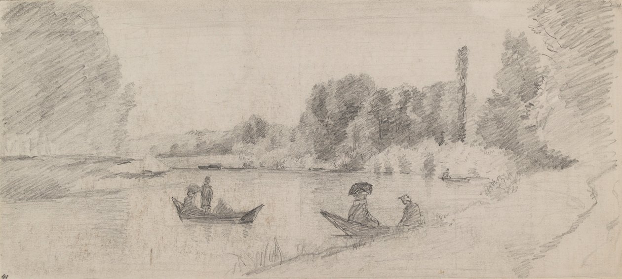 ボートのある川の風景の研究、1863-1864 作： カミーユ・ピサロ