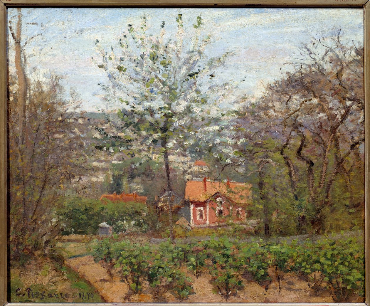 コテージ、ピンクの家、心の空飛ぶ村里。カミーユ・ピサロ（1830-1903）の絵 作： カミーユ・ジェイコブ・ピサロ