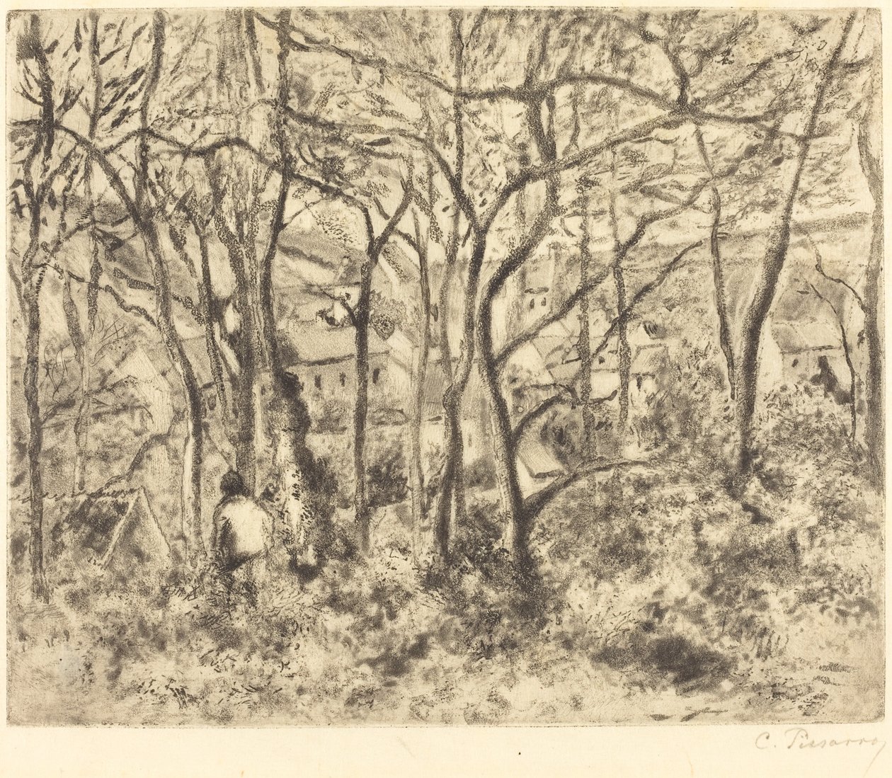 エルミタージュの樹木が茂った風景、ポントワーズ 木の下の風景、エルミタージュ、ポントワーズ、1879年。 作： カミーユ・ピサロ