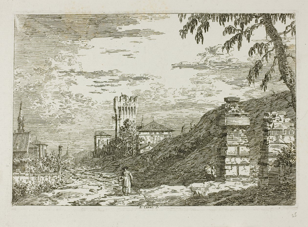 Vedute の塔と 2 つの台無しにされた柱のある風景 作： カナレット