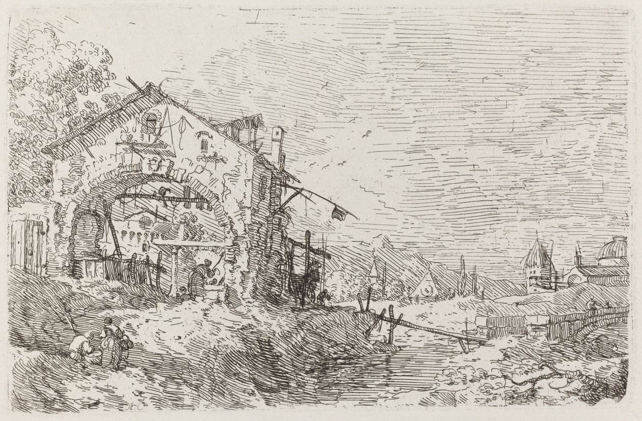 井戸の女のいる風景[左下]、c. 17351746。 作： カナレット
