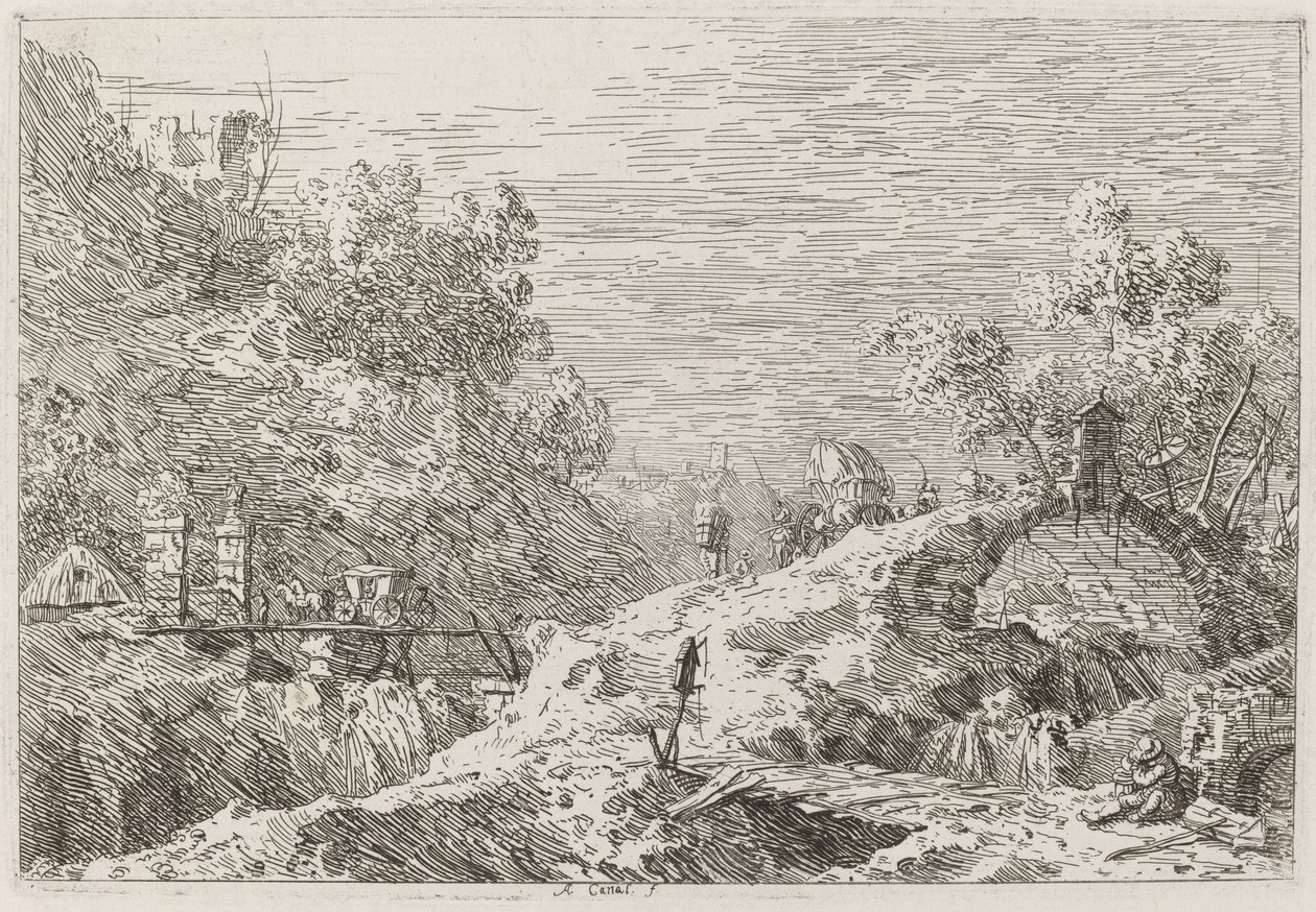5つの橋のある山の風景[右下]、c。 17351746。 作： カナレット