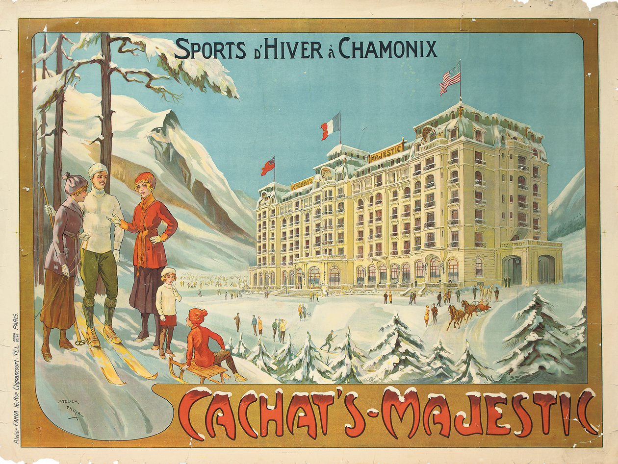 ホテル「Cachat&39;s Majestic」の宣伝ポスター、およびシャモニーでのウィンタースポーツ、1910年頃 作： カンディドアラゴネスデファリア