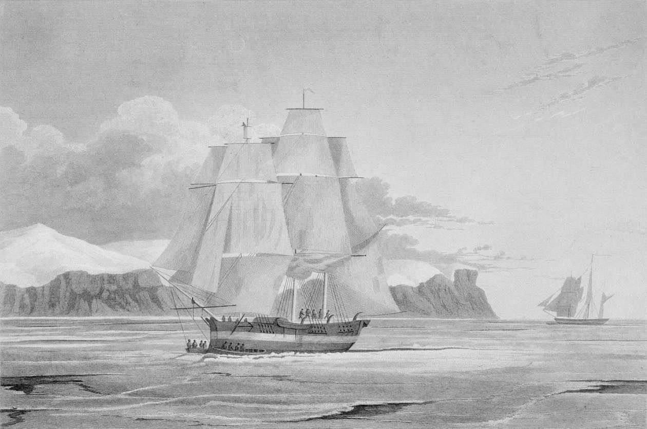 1824〜25年にHMのHecs Hecで行われた「大西洋から太平洋への北西航路の発見のための第3航海日記」から1824年9月に若い氷を航行 作： ホプナー船長