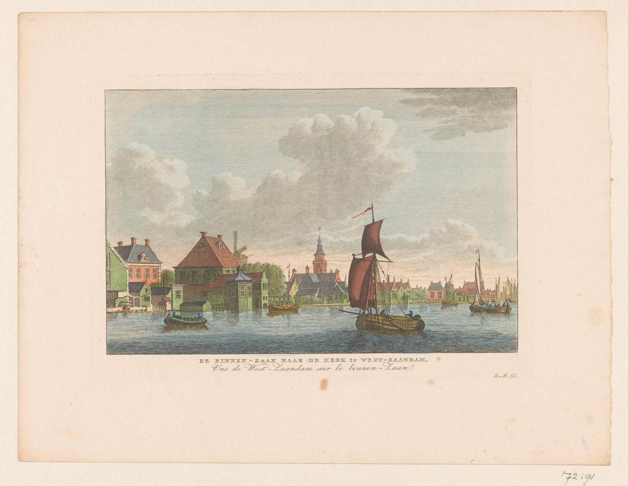 海の向こうに見えるウェストザーンダムの村の眺め Binnen-Zaan から West-Zaandam の教会へ / Vue de West-Zaandam sur le Binnen-Zaan (オブジェクトのタイトル) 作： キャレルフレデリクベンドルプ（I）