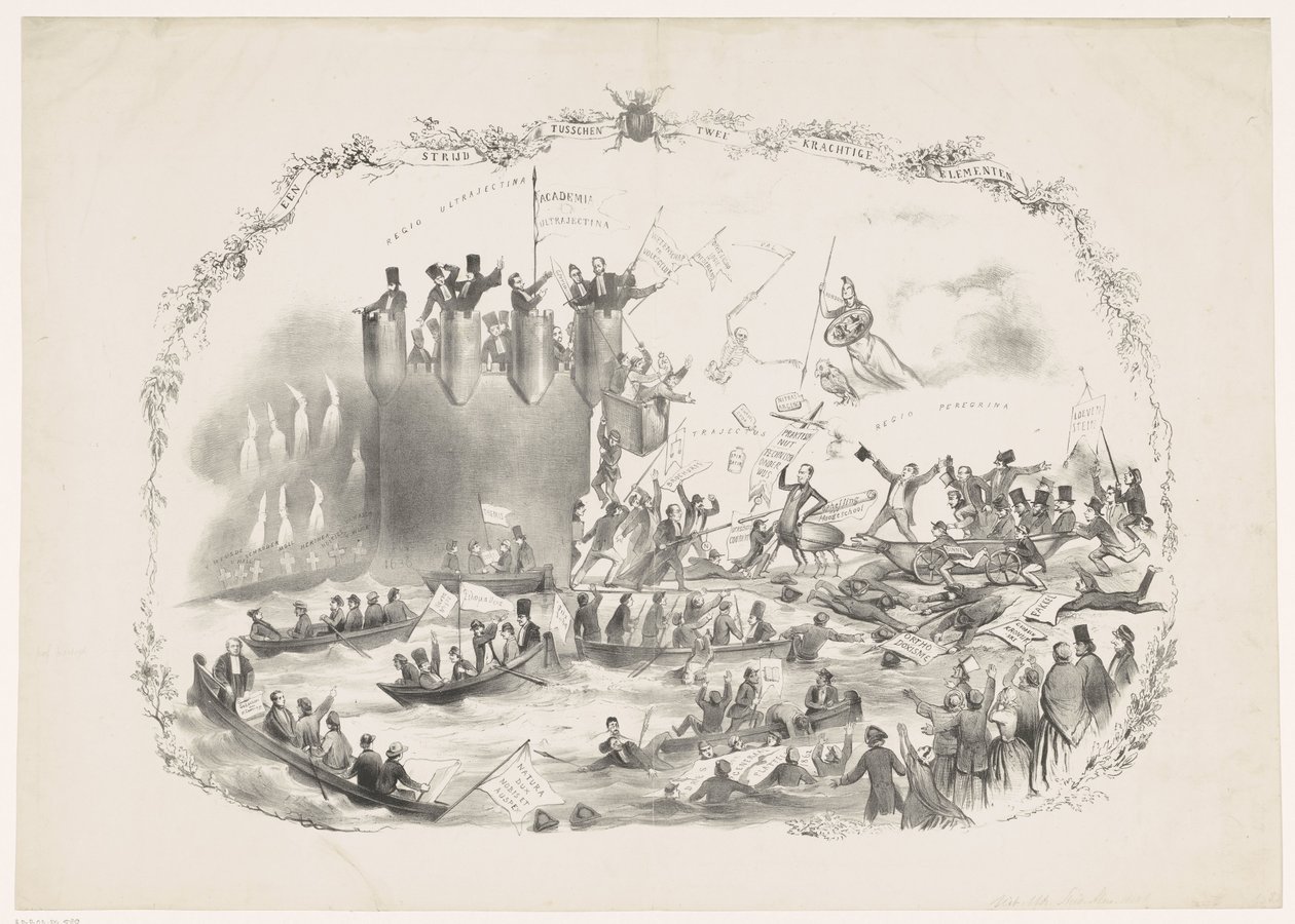 1863年、ユトレヒト・ホーゲスクールを閉鎖するトールベッケの計画の漫画 2 つの強力な要素の間の戦い (オブジェクトのタイトル) 作： Carel Hendrik Thiebout
