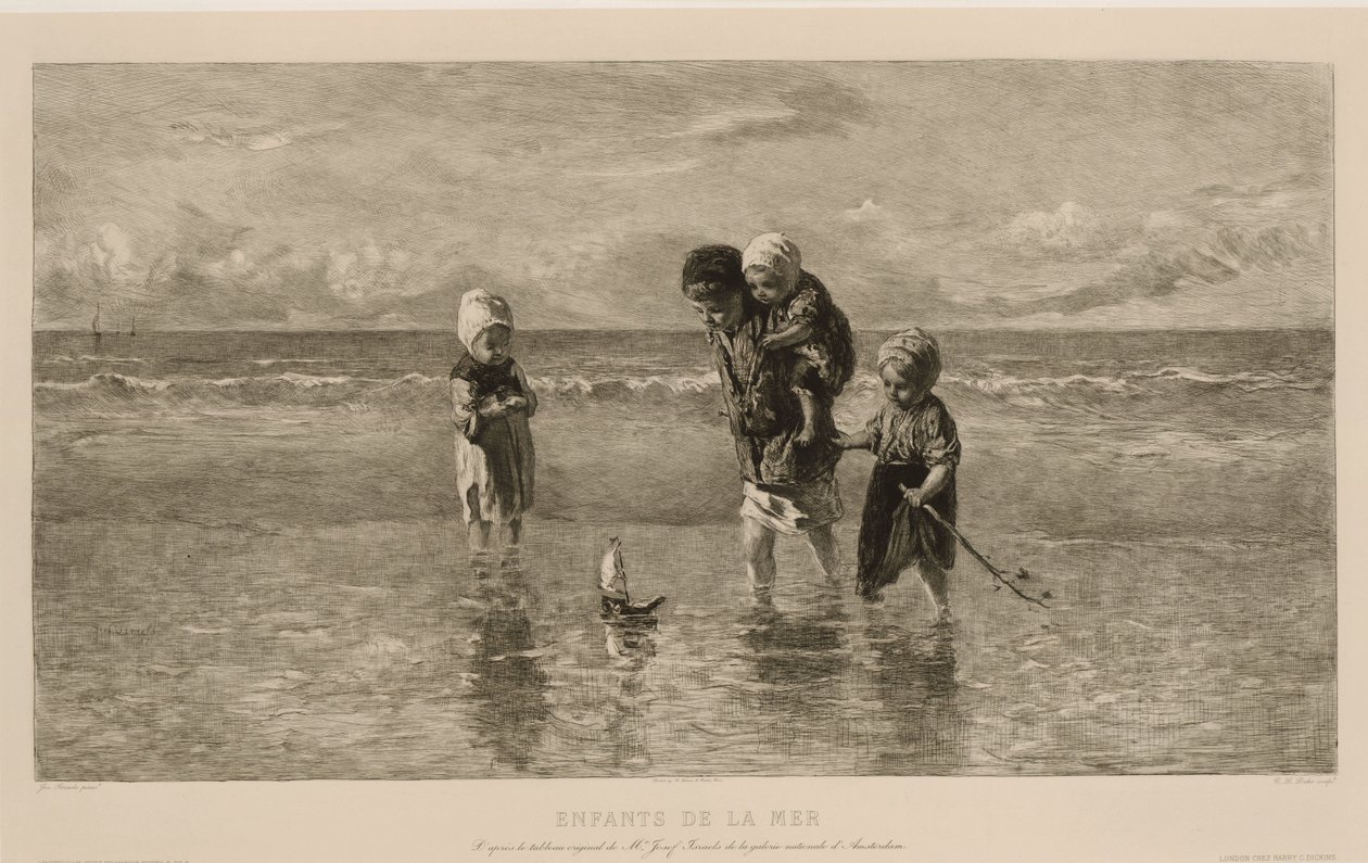 浅い海のビーチでおもちゃのボートで遊ぶ 4 人の子供 海の子供たち Enfants de la mer (オブジェクトのタイトル) 作： カレル・ローデウェイク・デイク