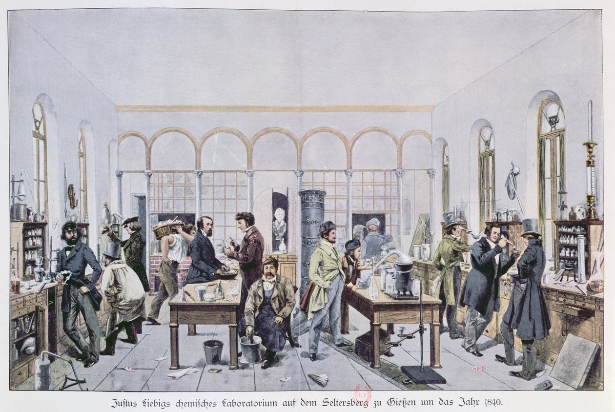 ギーセンのバロンジャストゥスフォンリービッヒ（1803-73）c.1840の化学実験室の様子 作： カール・フリードリッヒ・ヴィルヘルム・トラウトショルド