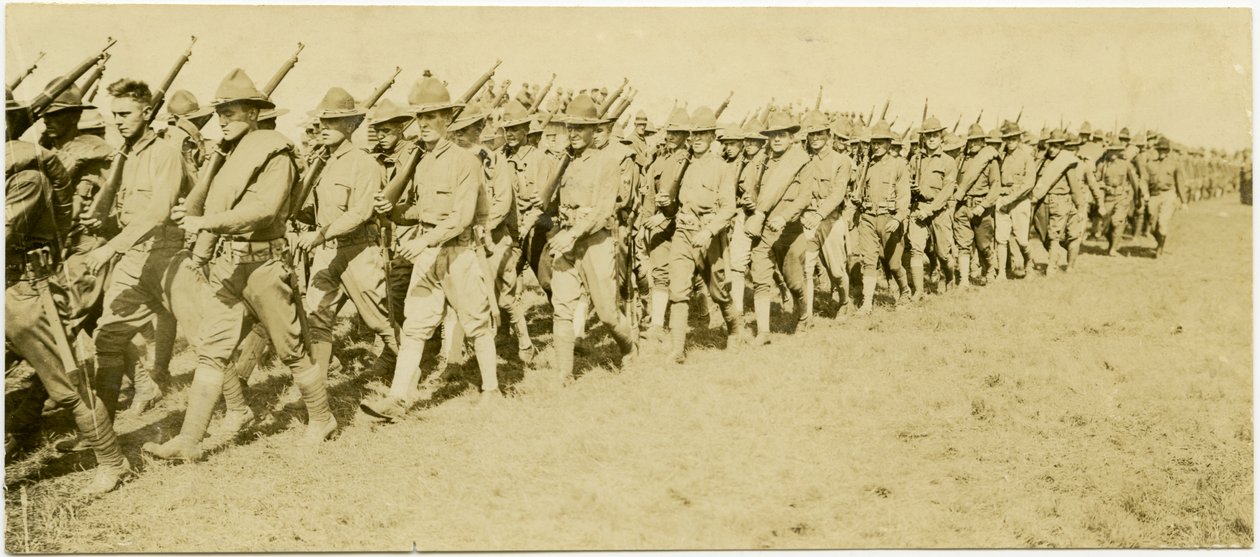 ライフルを運んでいる間に形成された芝生のフィールドを行進している制服を着た兵士の行を示す水平のセピア色の写真 作： カール・ミシェル