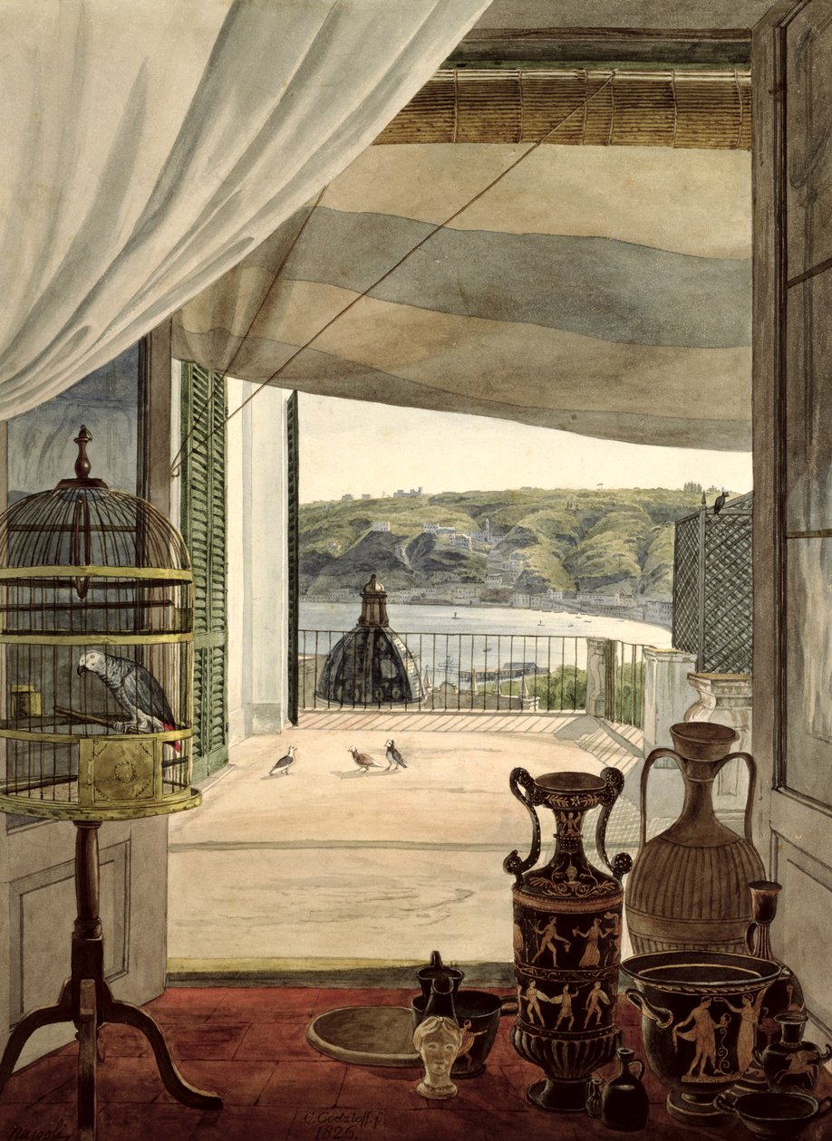 1826年、ナポリ湾のバルコニー付きの部屋からの眺め 作： カール・ウィルヘルム・ゲツロフ