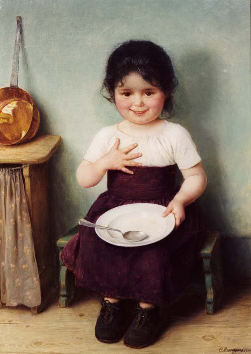 素朴なインテリアに座っている小さな女の子スペイン語：Nina en la cocina 1904、obra de Carl von BergennFrancais：Petite fille a la cuilleren 作： カール・フォン・ベルゲン