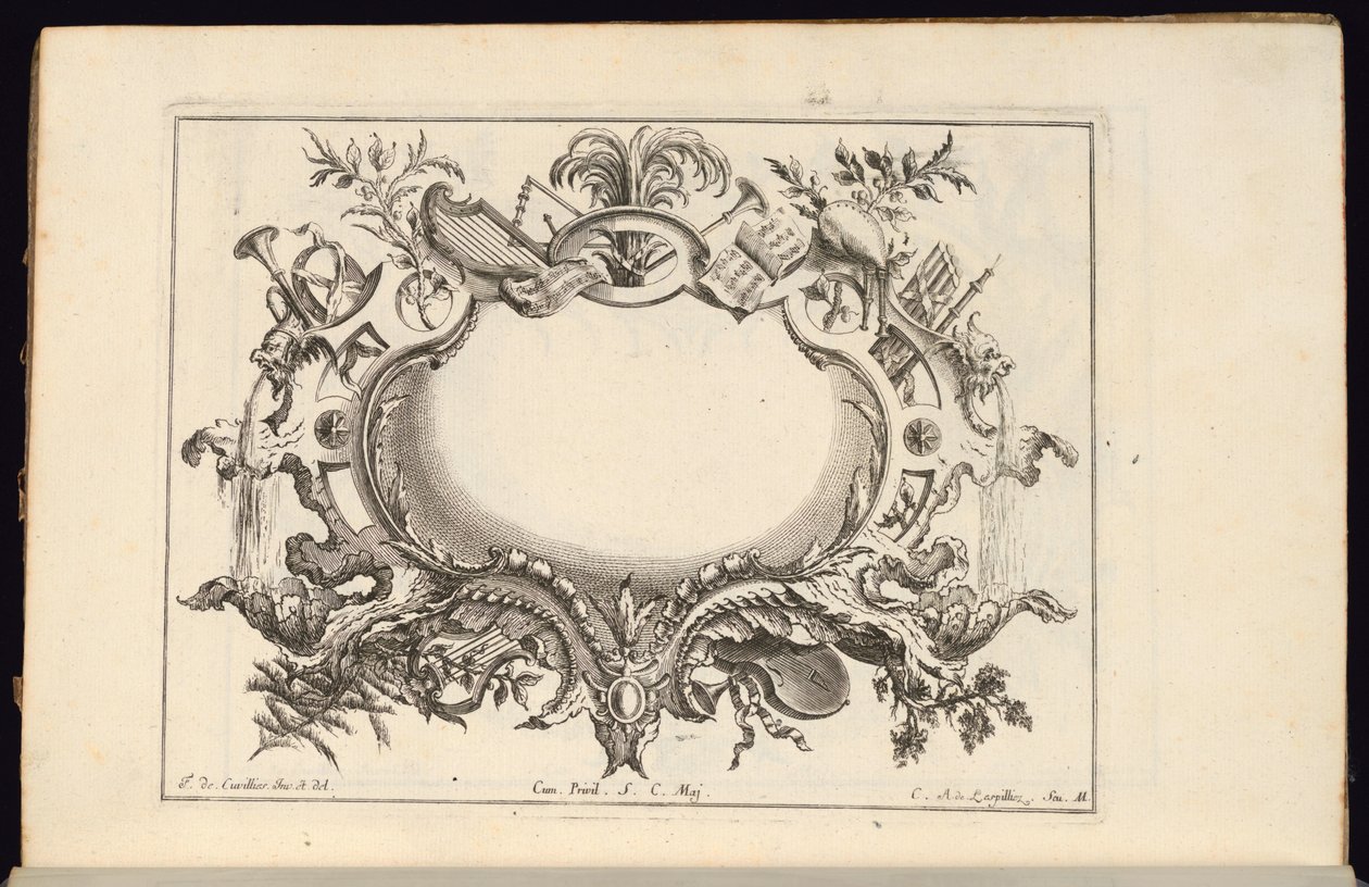 楽器を備えたCartouche、Livre de Cartouches Reguliers（通常のCartouchesの本） 作： LespilliezのCarlAlbert