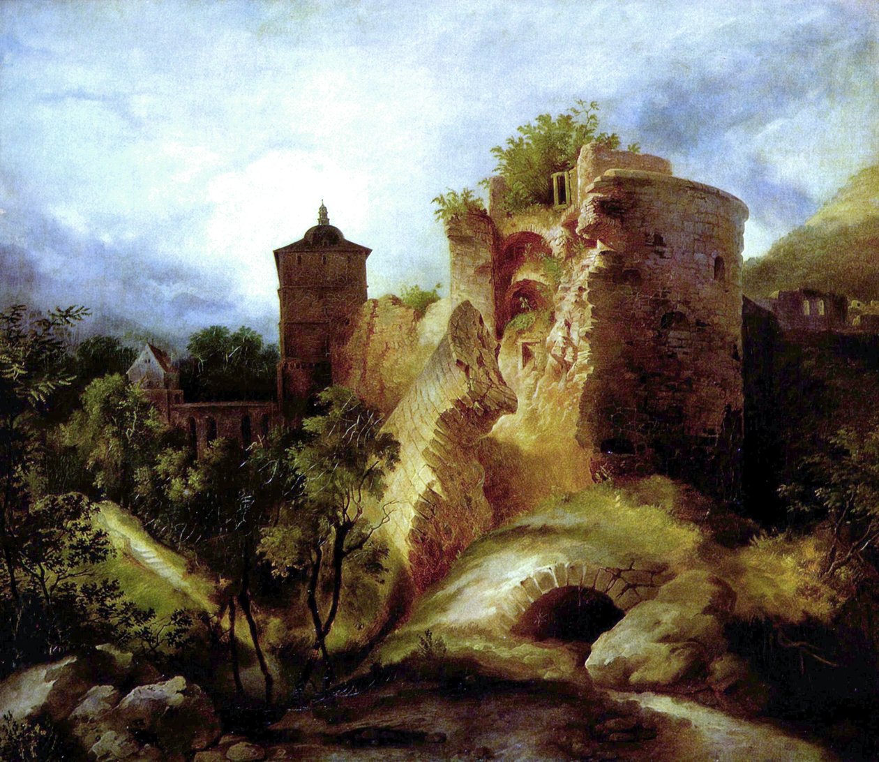 ドイツ語：Der gesprengte Turm des Heidelberger Schlosses ハイデルベルク城の吹きさらしの塔 作： カール・ブレッヘン