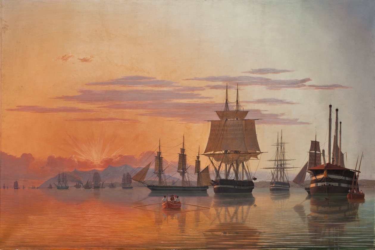 テージョ川のフリゲート艦テティスとコルベットフローラ、1844年。 作： カール・ダール