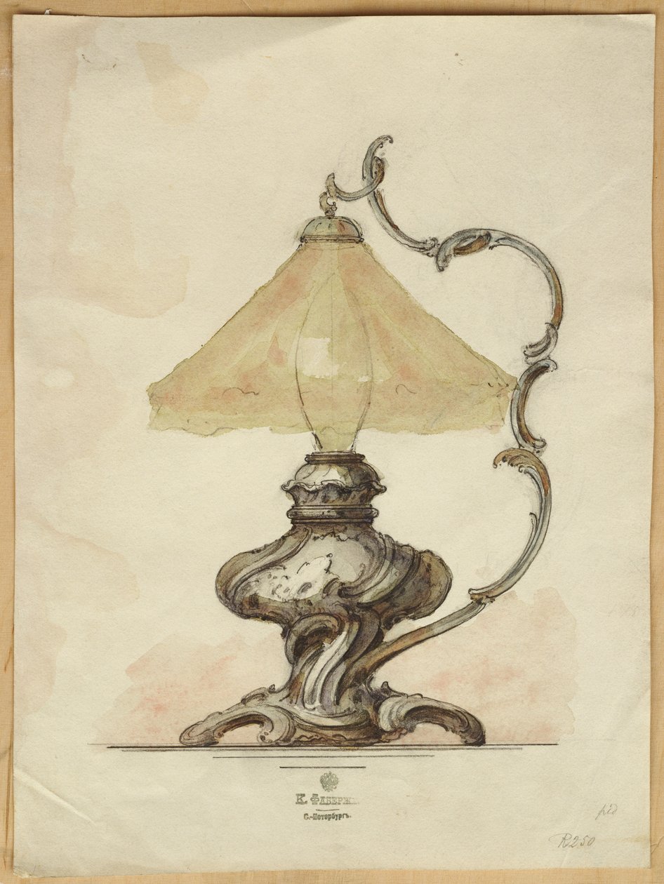 ロココ様式のねじれた溝付きボディを備えたシルバーのテーブルランプの描画、House of Carl Faberge 作： カール・ファベルジェ