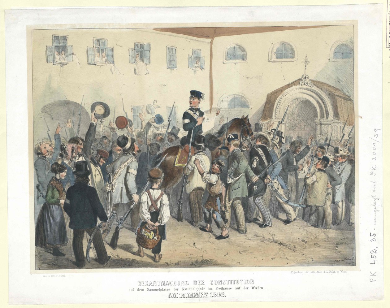 1848年3月15日、ヴィーデンのフライハウス（自由会館）にある州兵の集会所での憲法布告（カラーリトグラフ） 作： カール・ゲーベル