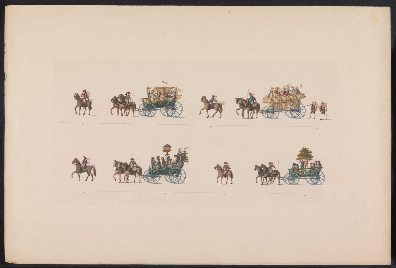 Optocht bij het huwelijk van Prinses Sophie、1842 年 (plaat 5) ザクセン州ワイマール＝アイゼナハ大公カール・アレクサンダーと世襲公爵夫人ソフィーの幸せな到着を祝うために行われたテューリンゲンの農民の結婚式の思い出 作： カール・ヘス