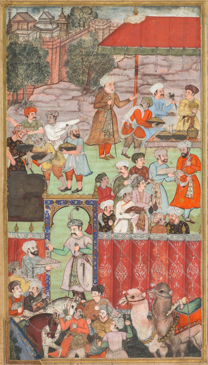 1505 年 5 月に異母兄弟のジャハンギル ミルザがガズニで主催したバーブルの饗宴、Babur-nama (Babur の回顧録) より 作： カール・ジュリアス・リーデン