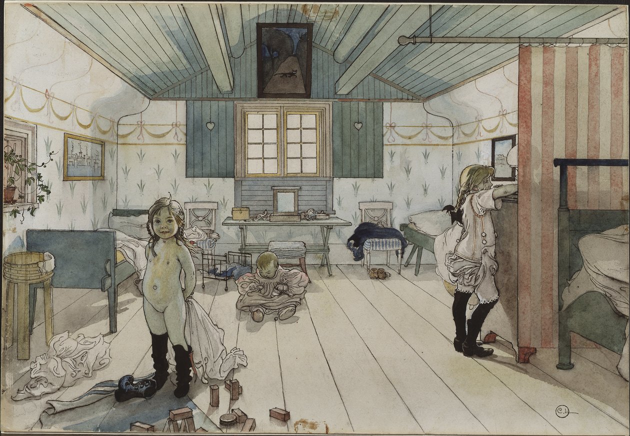 Chambre de petites filles - 小さな女の子の部屋」Larsson, Carl (1853-1919)作。紙に水彩画。寸法：32x43 cm。ストックホルム国立博物館 作： カール・ラーソン