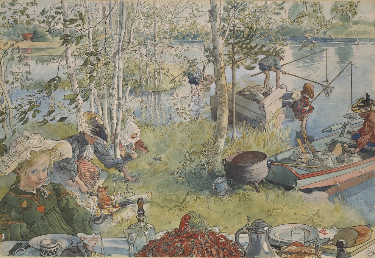 La peche aux ecrevisses - Crayfishing, by Larsson, Carl (1853-1919).紙にアクリル絵の具。寸法：32x43 cm。ストックホルム国立博物館 作： カール・ラーソン