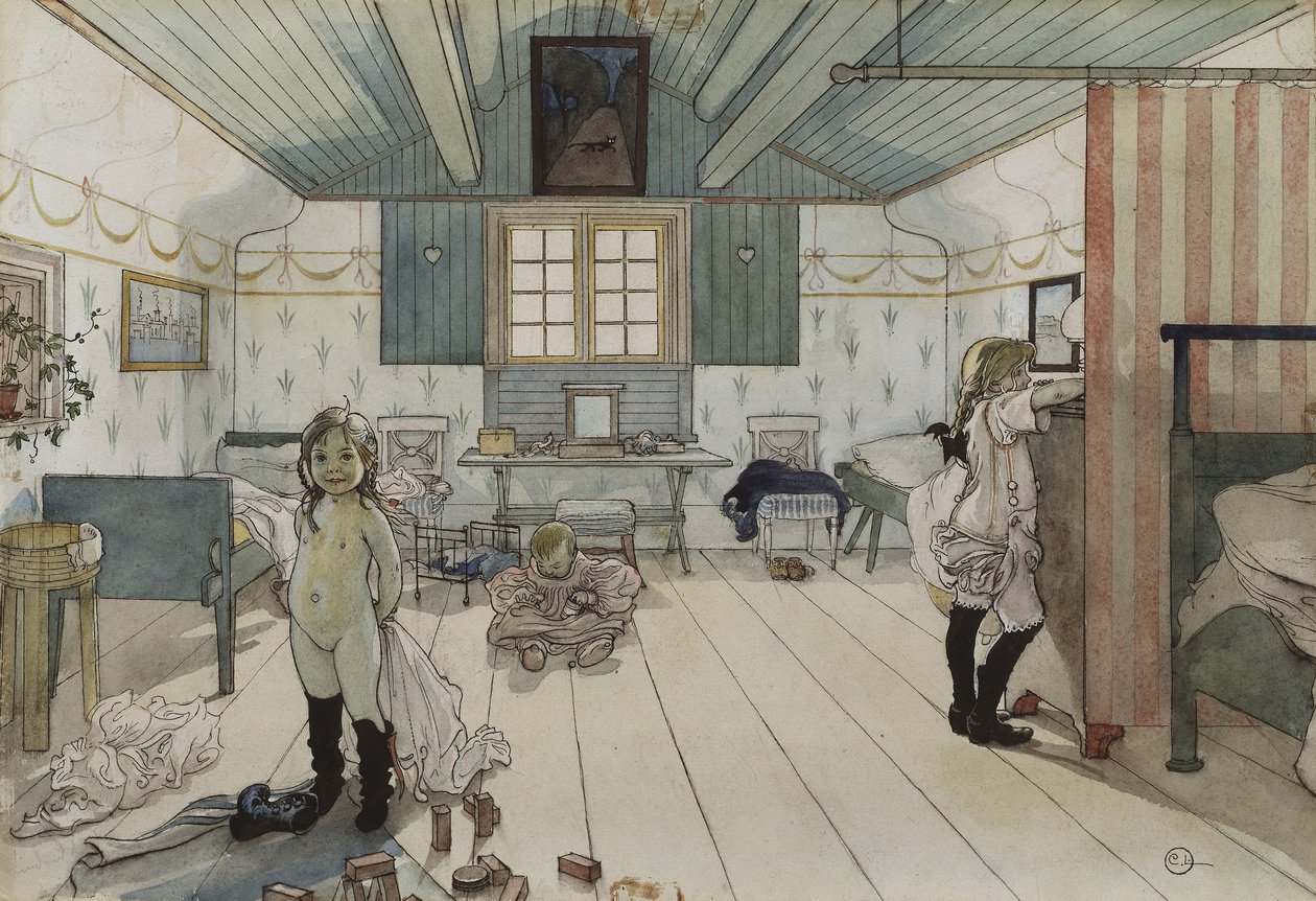 マンマと小さな女の子の部屋、Aホームシリーズ、c.1895（紙にトイレ） 作： カール・ラーソン