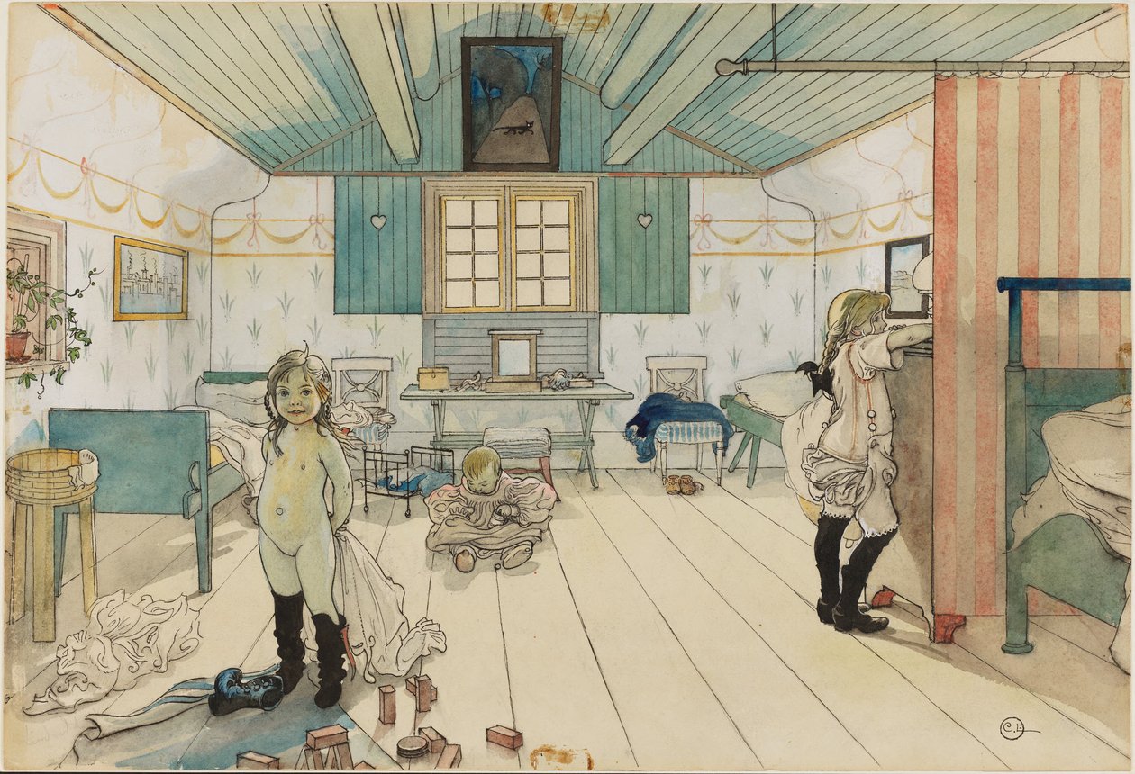 母親と幼い少女たちの部屋。『ある家庭』（水彩画26点）より 作： カール・ラーソン