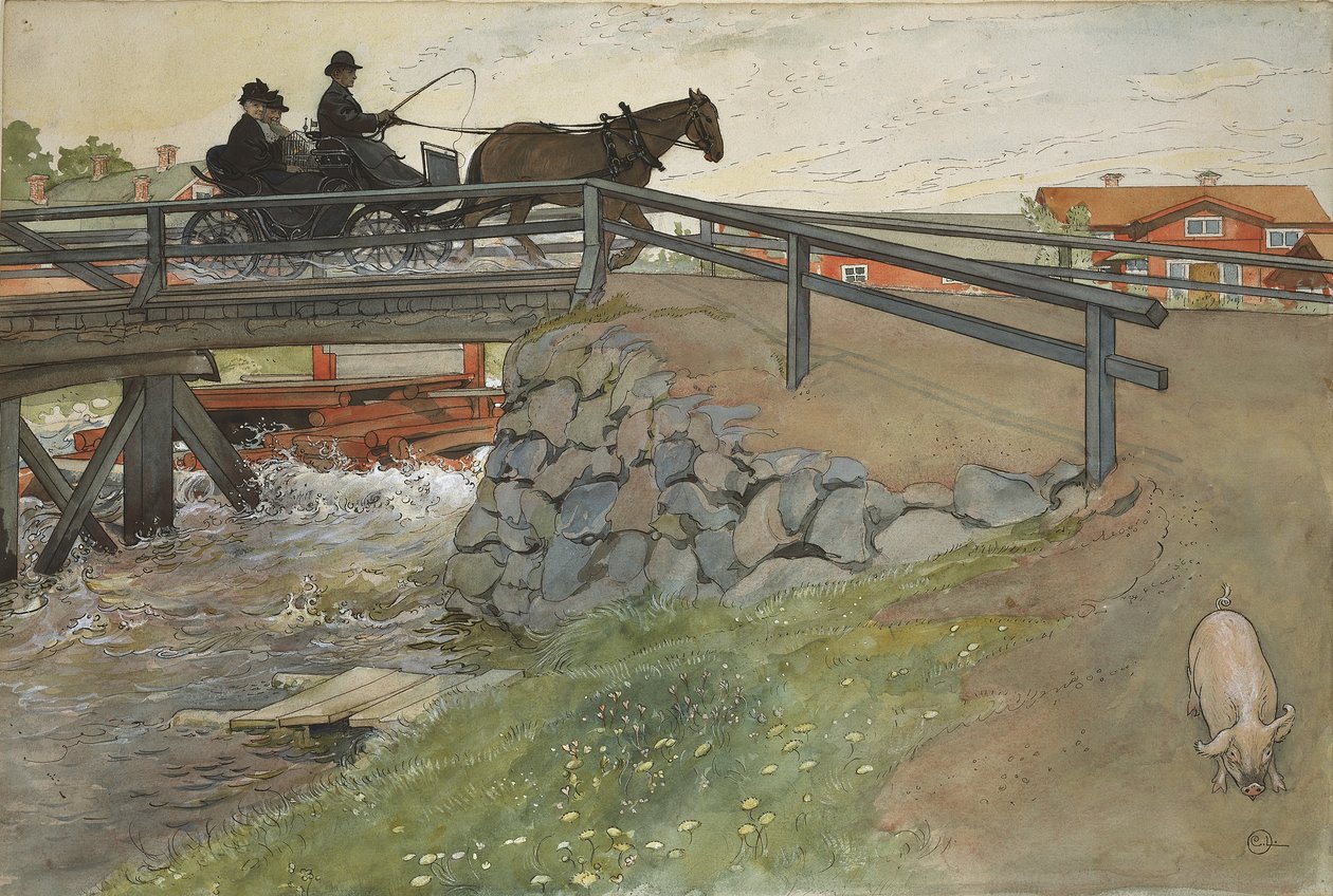 橋、ホームシリーズから、c.1895（紙にトイレ） 作： カール・ラーソン