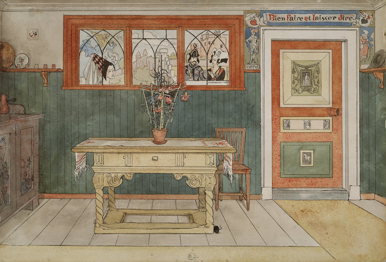 ダイニングルーム、Aホームシリーズ、c.1895（紙にトイレ） 作： カール・ラーソン