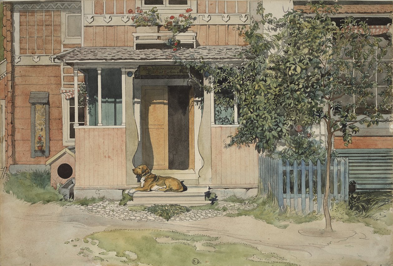 ベランダ、Aホームシリーズ、c.1895（紙にトイレ） 作： カール・ラーソン