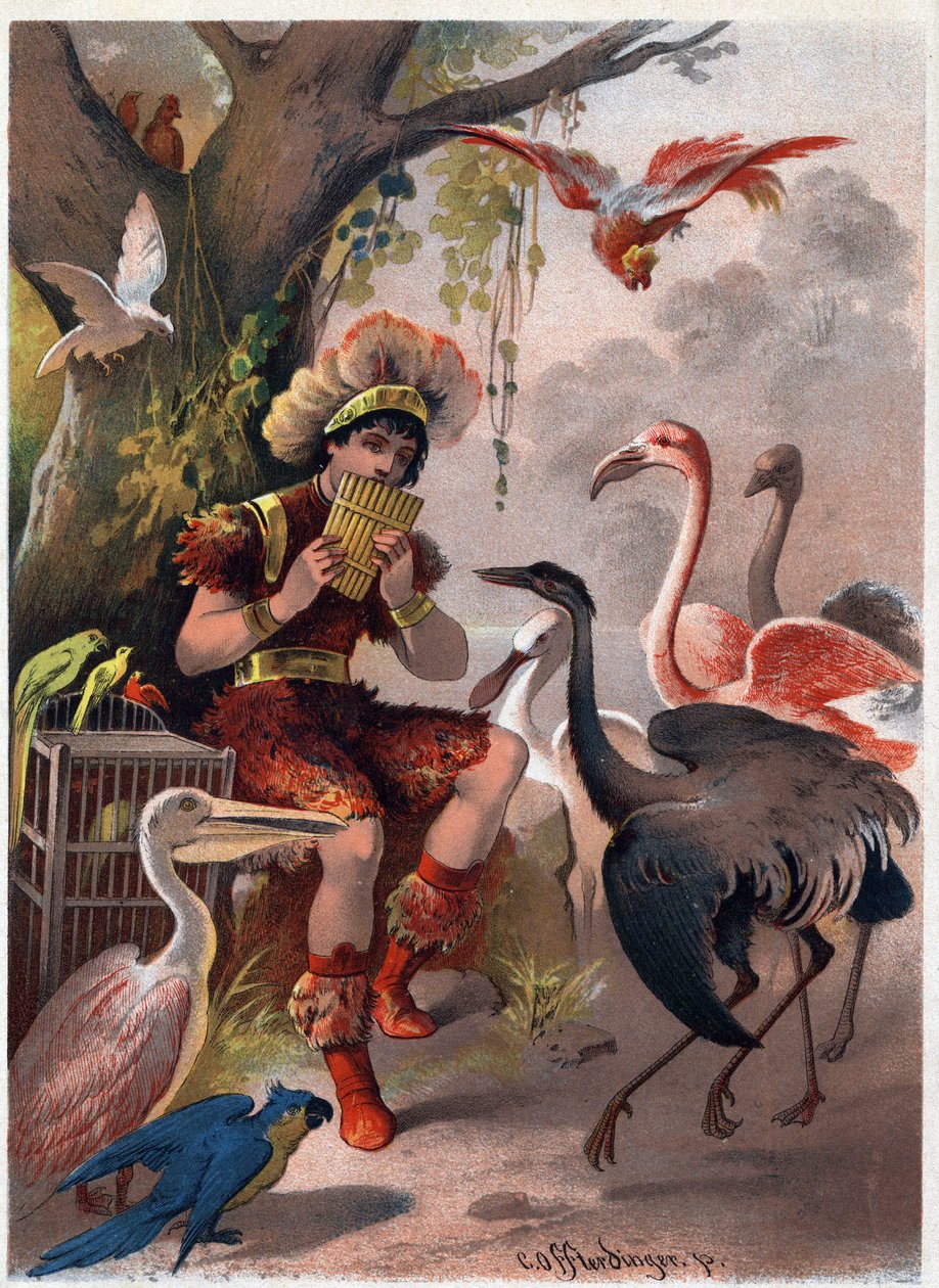 パンフルートを持ったパパゲーノが、森から鳥を連れてくる。カール・オフターディンガー（1829-1889）による「魔法の笛」（Die Zauberflote, flauto magico, The Magic Flute）の挿絵。個人蔵。 作： カール・オフターディンガー