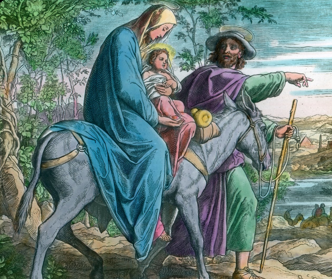 エジプトへの逃避。ドイツ人画家ユリウス・シュノール・フォン・カロスフェルド（1794 - 1872）による聖書の挿絵（年代未詳）。画像の日付：1900年頃。カール・サイモン・アーカイブ 作： カール・サイモン