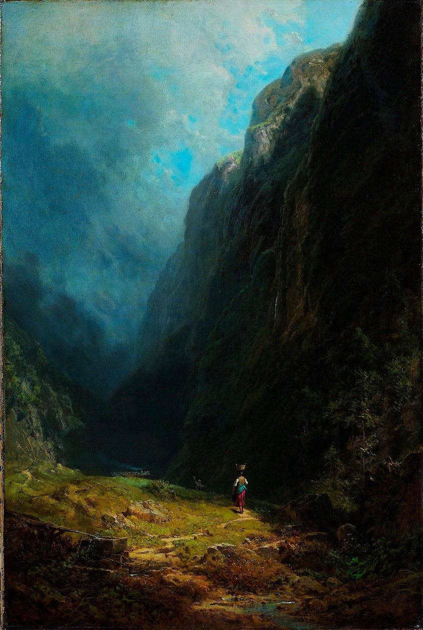""Paysage de haute vallee alpine"" Vue du mont Wendelstein Allemagne (Mt Wendelstein のあるアルプスの高地の谷の風景) Peinture de Carl Spitzweg (1808-1885) Oil on canvas vers 1871 Dim 88.5x59 cm クンストパラスト美術館、デュッセルドルフ 作： カール・スピッツウェグ