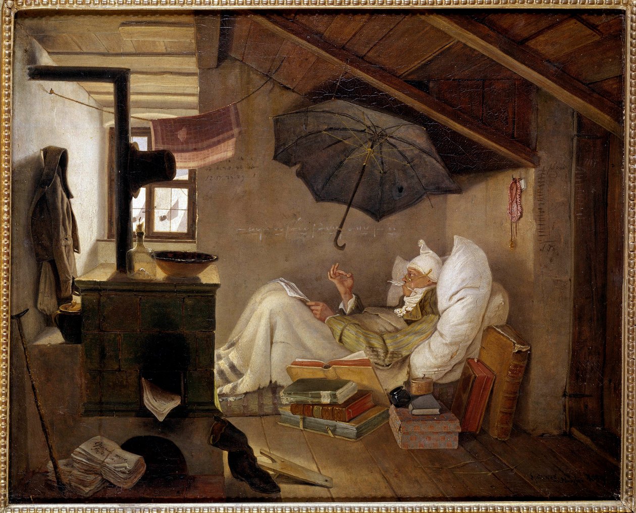 貧しい詩人 屋根裏部屋に横たわる老人。カール・シュピッツウェグ（1808-1885）による絵画 1839年。薄暗い。0.36 X 0.44 m  ベルリン、アルテス美術館、ドイツ - 「貧しい詩人」。屋根裏部屋で寝たきりになっている老人。カール・シュピッツヴェーグ（1808-1885）の絵画