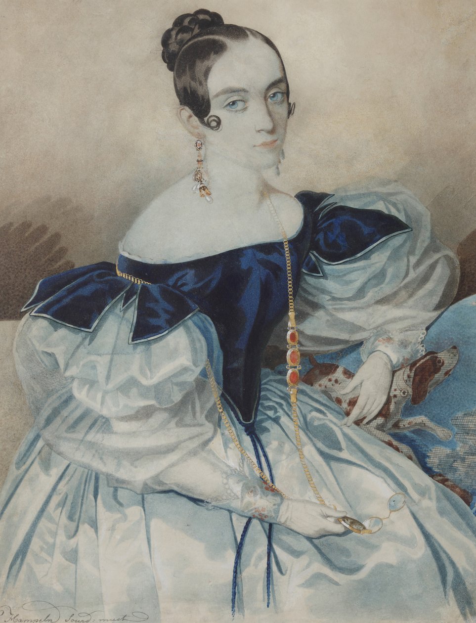 ローグネットを持つ女性の肖像画、1830年代。 作： カール・フォン・ハンペルン