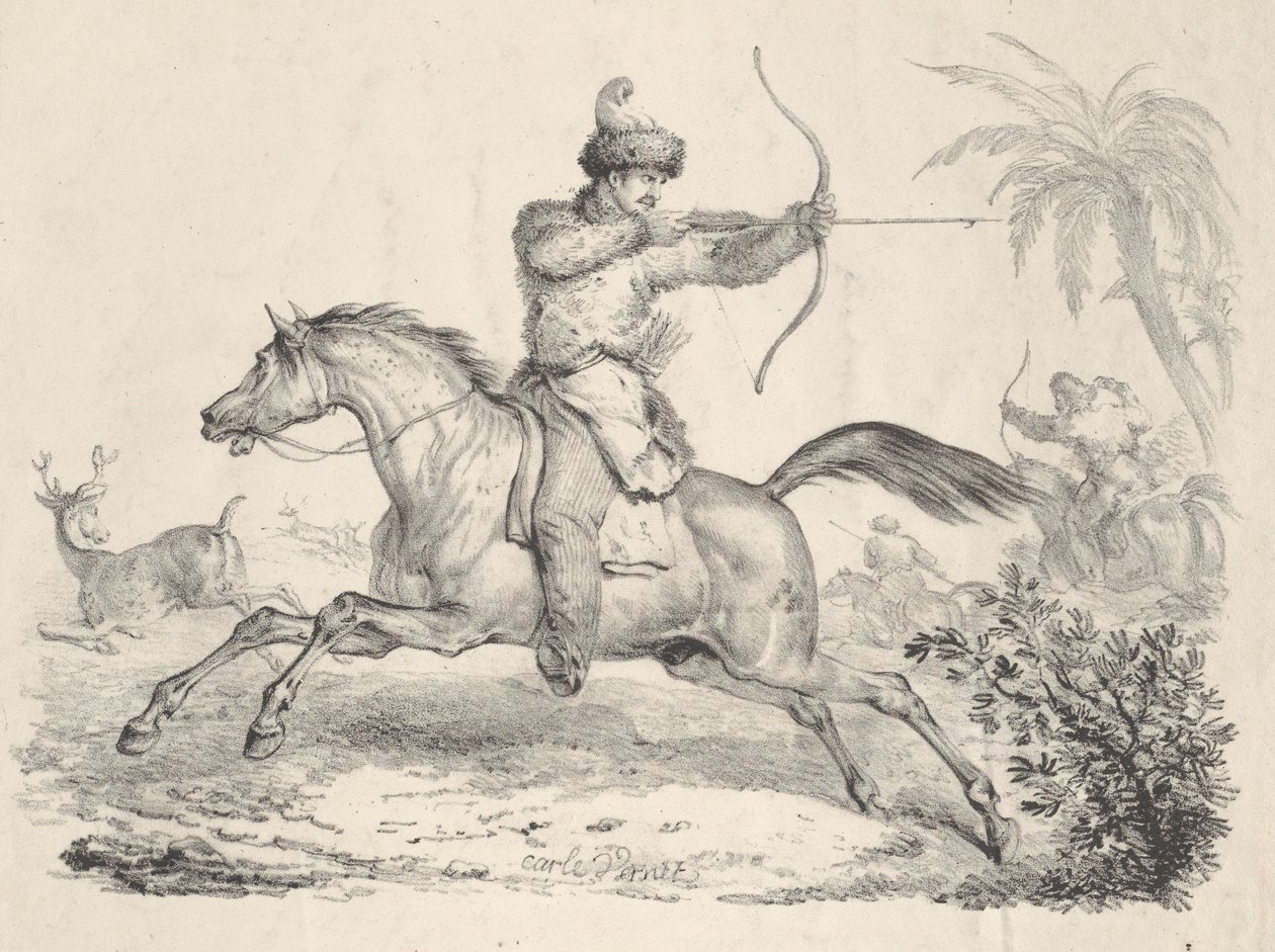 鹿を狩る馬に乗ったコサック、1821～36年。 作： カール・ヴェルネ