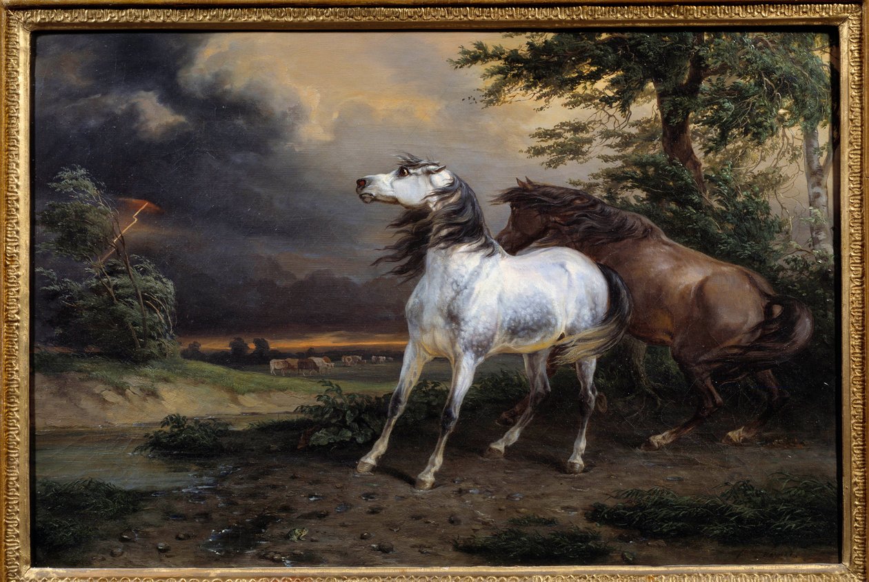 嵐におびえる馬たち。カルル・ヴェルネ（1758-1835）の絵画
