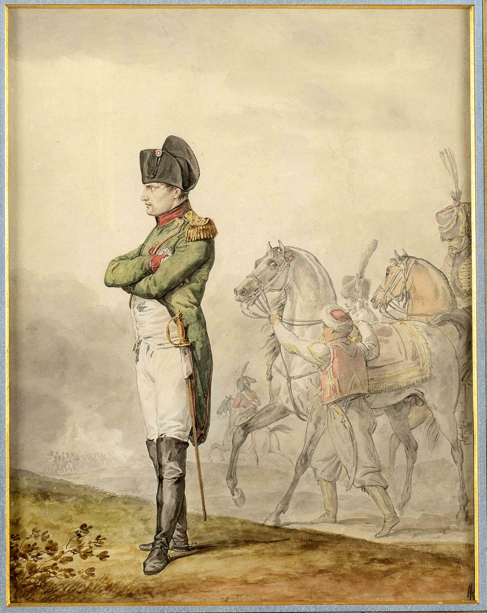 Napoleon a Austerlitz (1805) - Vernet, Carle (1758-1836)による「アウステルリッツのナポレオン」。紙に水彩画。個人蔵 作： カール・ヴェルネ